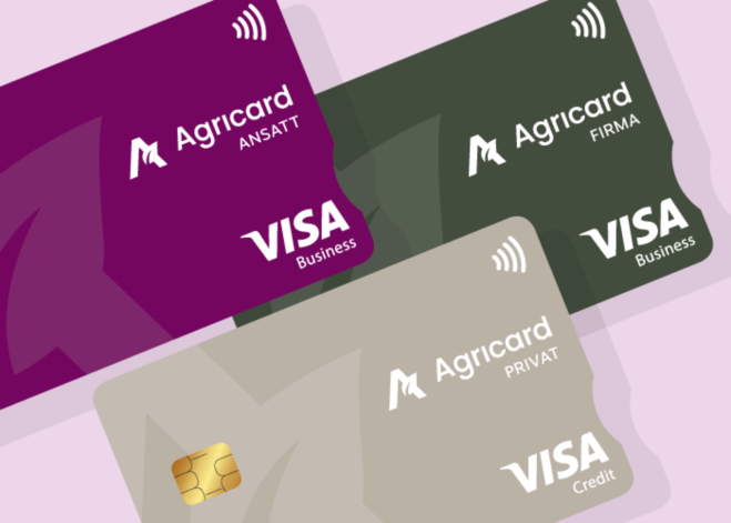 Produktbilde av de tre nye Agricard kortene med Visa